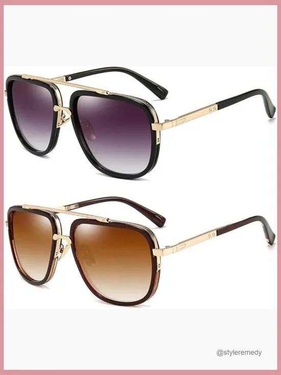 Oversized Square Aviator Sunglasses Gold Alloy Frame UV 400 Protection - Picture 1 of 7